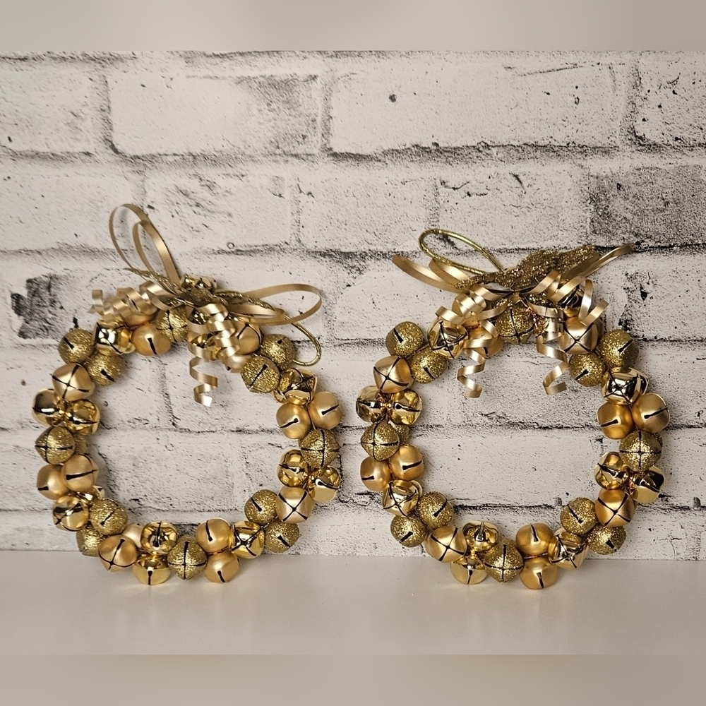 Gold Jingle Bell Christmas Wreaths Set of 2 Glitter Bow Holiday Door Decor